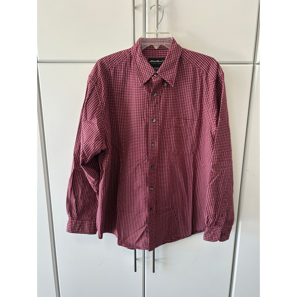Eddie Bauer‎ Mens Burgundy Check Long Sleeve Button Down Cotton Shirt Large
